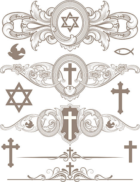 Religious Symbol Page Rules Designed by a hand engraver. Ornate page rules with Christian crosses, fish, dove, and star of David symbols. Easily interchange symbols as required. Change color and scale easily with the enclosed EPS 10 and AI files. No transparencies or special effects. Also includes hi-res JPG. christian fish clip art stock illustrations