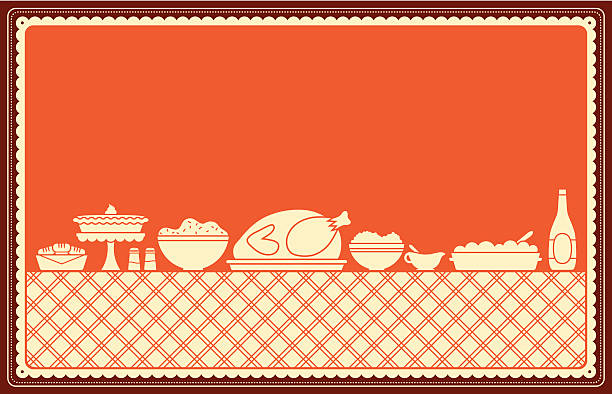 Thanksgiving Dinner Spread A simple, stylized table set with all the food and fixings for a delicious Thanksgiving meal with the family dinner stock illustrations