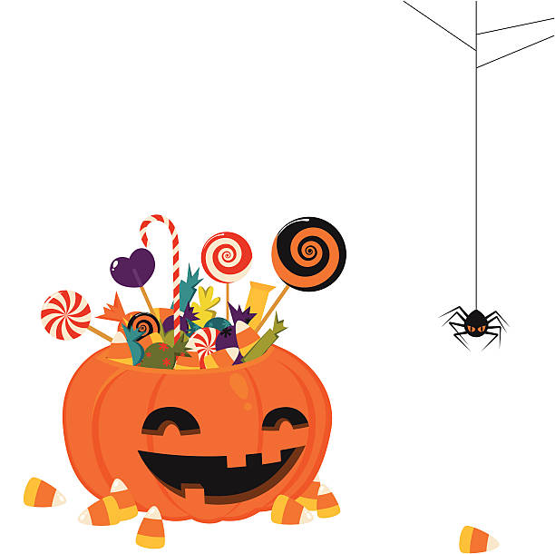 Halloween pumpkin basket Halloween pumpkin basket with candy and candy corn.  yellow spider stock illustrations