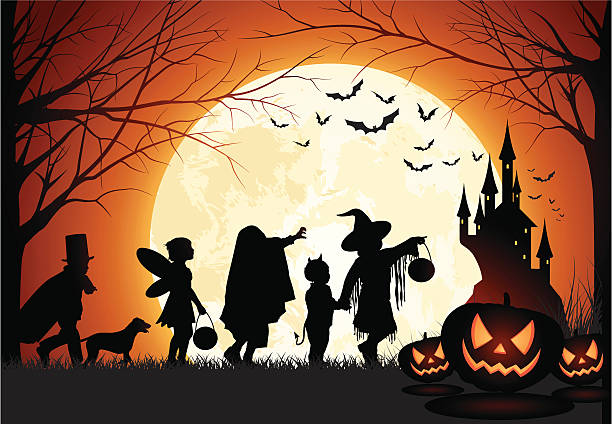 Halloween Children trick or treat Vector illustration of children's silhouette trick or treat. moon silhouettes stock illustrations