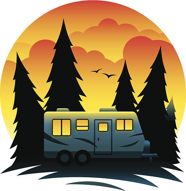 obóz przyczepy w zmierzch - motor home mobile home isolated vehicle trailer stock illustrations