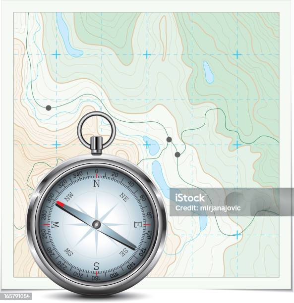 Mappa Topografica E Compass - Immagini vettoriali stock e altre immagini di Bussola magnetica - Bussola magnetica, Carta geografica, Carta topografica