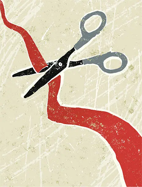 Vector illustration of A graffiti type image of scissors cutting a wavy red tape
