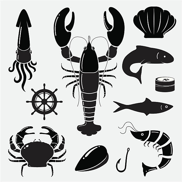 Seafood icons Seafood icons. All design elements are layered and grouped. lunch silhouettes stock illustrations