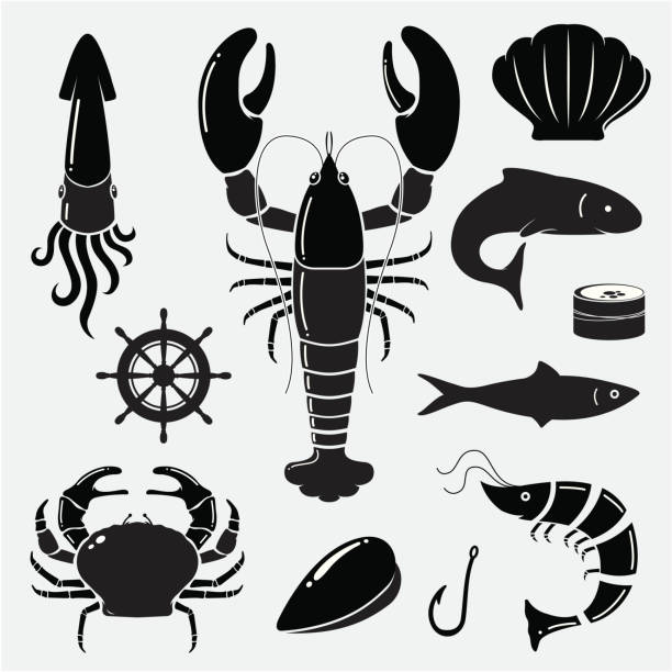 Seafood icons Seafood icons. All design elements are layered and grouped. sea life isolated stock illustrations