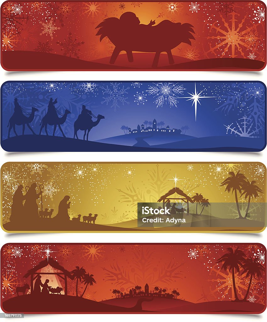 Christmas Banner Nativity Scene and the Tree Kings on Camels Banner. ZIP contains AI format, PDF and jpeg XXXLarge. Three Wise Men stock vector