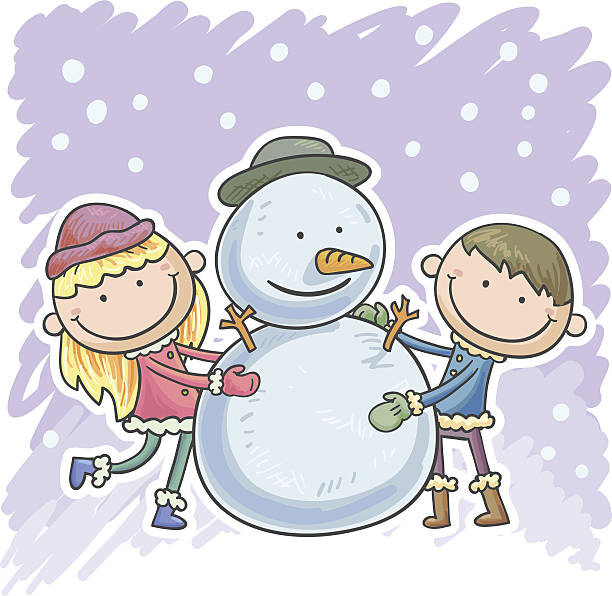 маленький мальчик, девочка и снеговик - christmas child friendship little boys stock illustrations