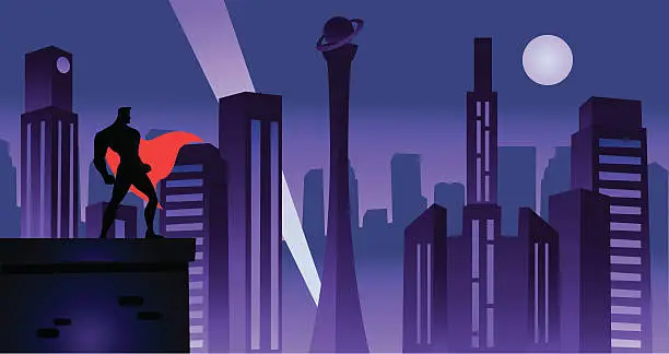 Vector illustration of Superhero in Retro City