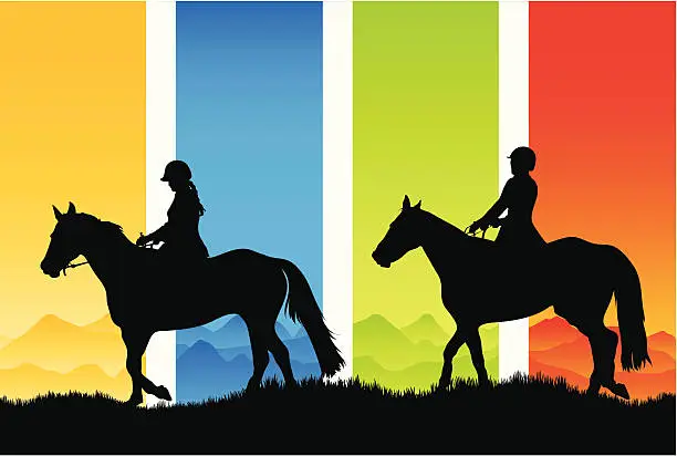 Vector illustration of Horse riding silhouettes in the country