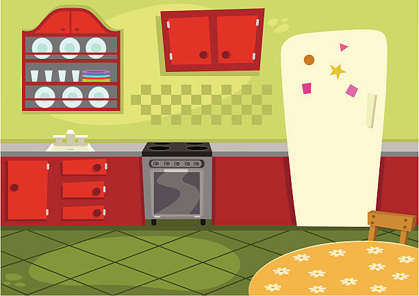 illustrazioni stock, clip art, cartoni animati e icone di tendenza di fumetto di cucina - kitchen table