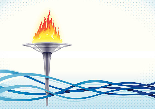 A cartoon flaming torch amongst several blue waves vector art illustration