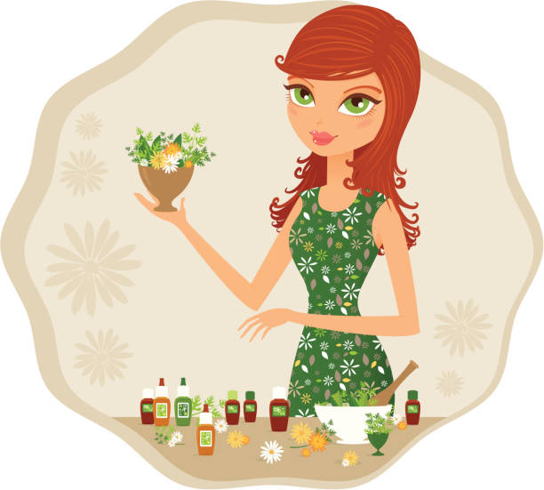 ilustraciones, imágenes clip art, dibujos animados e iconos de stock de chica herborist verde - alternative medicine spa treatment hippie health spa