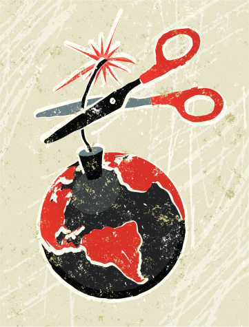 Global Crisis! A stylized vector cartoon of a pair of scissors cutting a wick attached to a the earth, reminiscent of an old screen print poster and suggesting time running out, deadlines, emergency, success, global crisis, global warming, environmental issues, war, terrorism or conflict. Scissors, fuse,earth, paper texture, and background are on different layers for easy editing. Please note: clipping paths have been used, an eps version is included without the path.