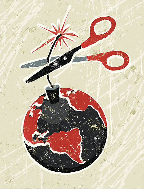 Earth Time Bomb with Scissors vector art illustration