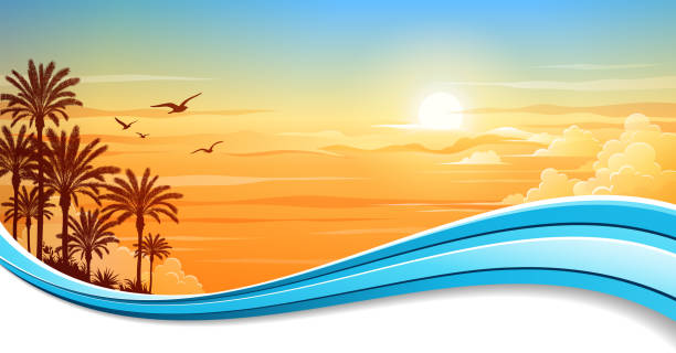 Summer Background Banner Summer illustration.Eps 10 file with transparencies.File is layered, global colors used and hi res jpeg included. Only simple gradients and blends used(shadow). Please take a look at other work of mine linked below.  wave water silhouettes stock illustrations