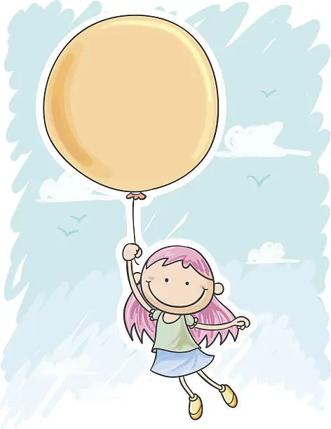 Vector illustration of Little girl flying with the balloon