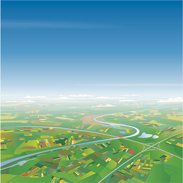 Aerial View on Landscape "Vector illustration of an aerial view on a landscape with a river, highway, city and fields. EPS 10 file with transparencies in the haze and clouds. Layered file. Global colors." river illustrations stock illustrations
