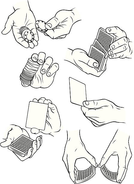 Hands playing cards and gambling Vector line illustrations of various hands playing cards and using gambling chips. One of a series. texas hold em illustrations stock illustrations