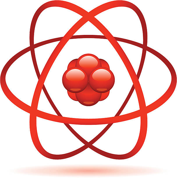 Red graphic of an atom on white background vector art illustration