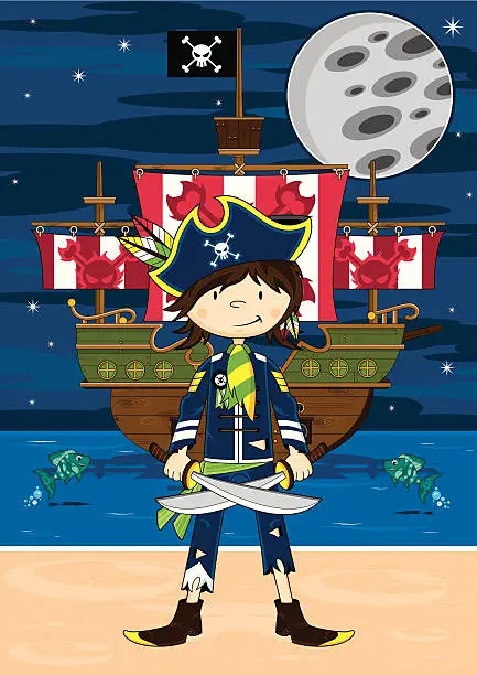 Vector illustration of Cute Pirate Captain and Ship Beach Scene