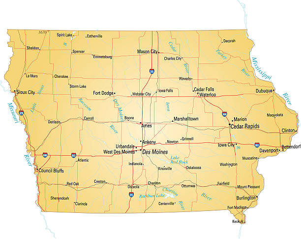 Map of Iowa "Vector illustration of map of Iowa with major roads, rivers and lakes." iowa stock illustrations