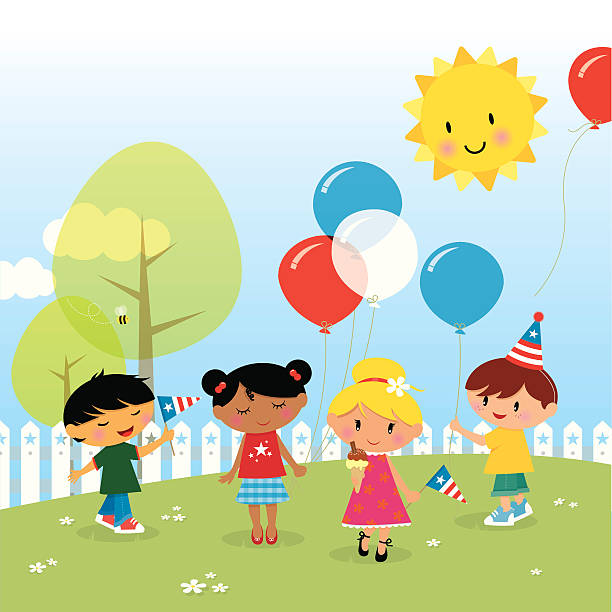 Children celebrating 4th July vector art illustration