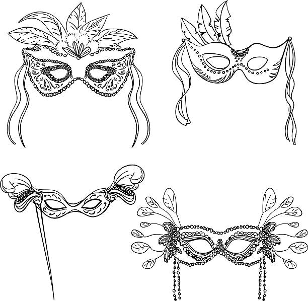 party masken in schwarz und weiß - stage costume illustrations stock-grafiken, -clipart, -cartoons und -symbole