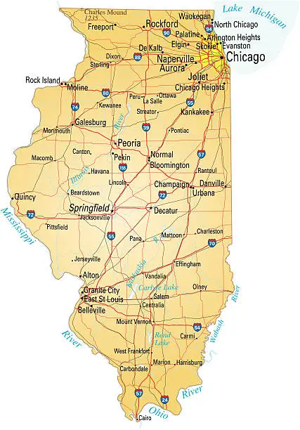 Vector illustration of Map of Illinois showing major cities and roads