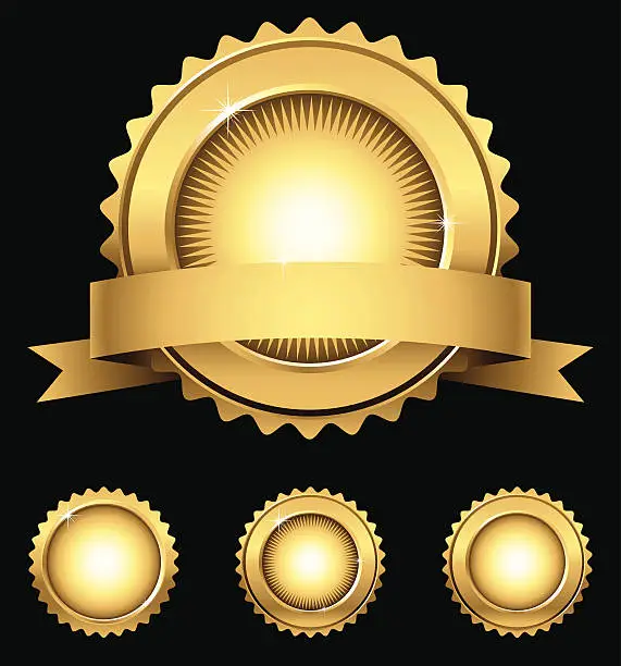 Vector illustration of Four different vectorial gold seals of approval or merit