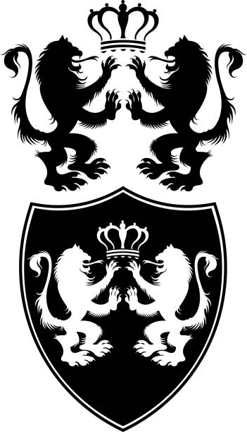 illustrazioni stock, clip art, cartoni animati e icone di tendenza di griffin silhouette - lion coat of arms shield backgrounds