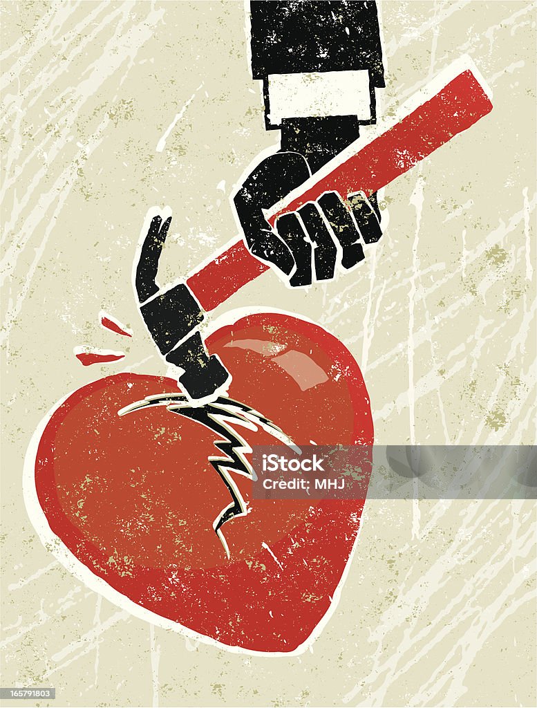 Hammer Breaking a Heart You Break My Heart! A stylized vector cartoon of a Hammer hitting and breaking a heart ,reminiscent of an old screen print poster and suggesting heartbreak, love, relationship breakdown or divorce. Heart, hammer, Hand, paper texture, crack and background are on different layers for easy editing. Please note: clipping paths have been used, an eps version is included without the path. Broken Heart stock vector