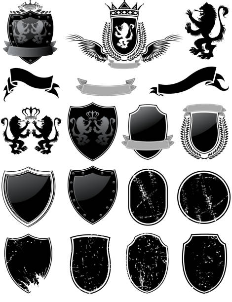 ilustraciones, imágenes clip art, dibujos animados e iconos de stock de protector de materiales - grunge shield coat of arms insignia