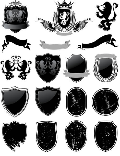 ilustrações de stock, clip art, desenhos animados e ícones de escudo de materiais - grunge shield coat of arms insignia