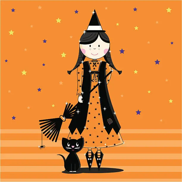 Vector illustration of Cute Orange Halloween Witch Character with Black Cat