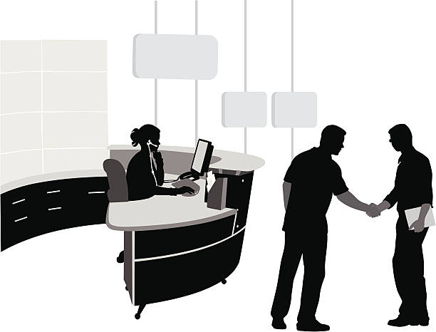 ilustraciones, imágenes clip art, dibujos animados e iconos de stock de warmwelcome - receptionist office silhouette business