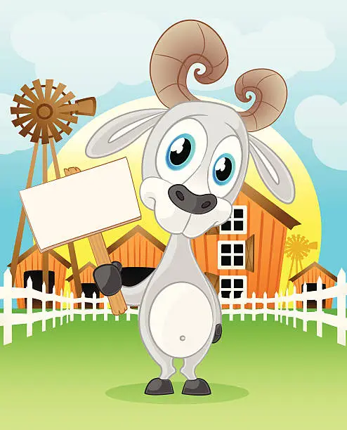 Vector illustration of Goat on the farm holding a blank sign