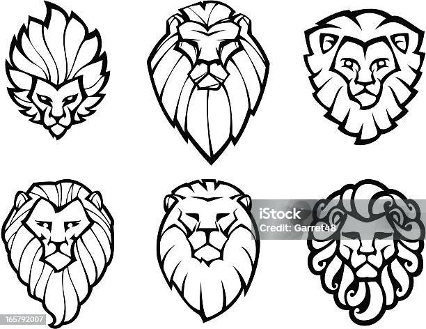 Six Lions Heads Stock Illustration - Download Image Now - Lion - Feline, Design, Front View