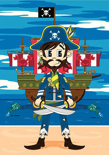Vector illustration of Bearded Pirate Captain and Ship Scene
