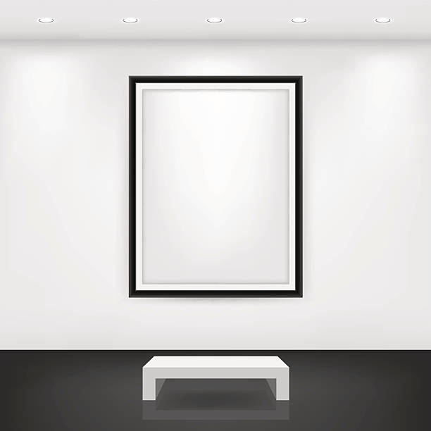 stockillustraties, clipart, cartoons en iconen met white bench in front of an empty black frame on a white wall - museum wall
