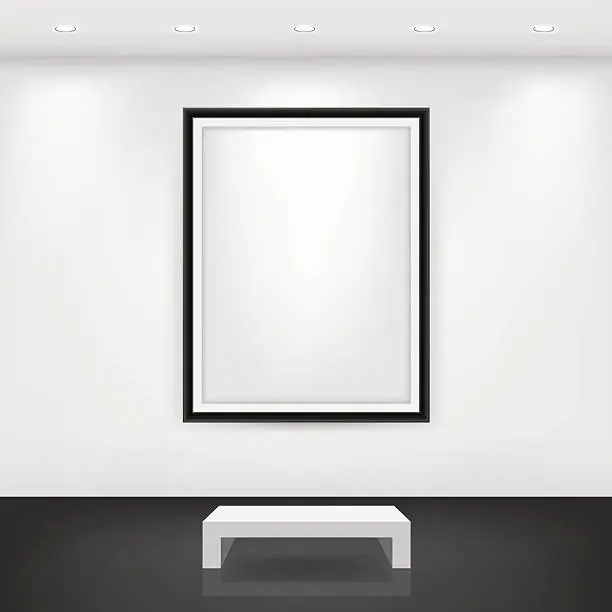 Vector illustration of White bench in front of an empty black frame on a white wall