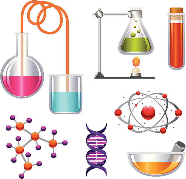 Science Set Various science icons. (DNA, Molecule, Atom, Beaker etc.) coil tubing stock illustrations