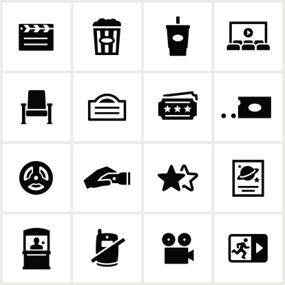 Cinema related icons. All white strokes/shapes are cut from the icons and merged allowing the background to show through.