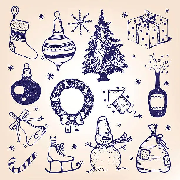 Vector illustration of Blue illustrated Christmas icons on off-white background