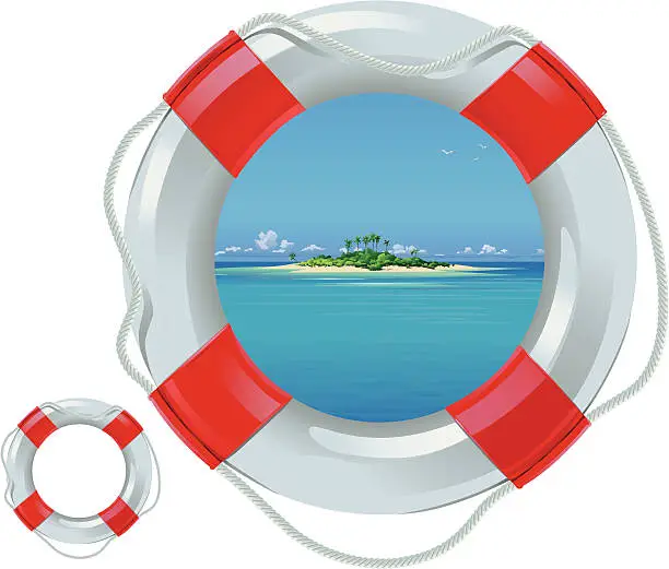 Vector illustration of Life Buoy with View on Tropical Island