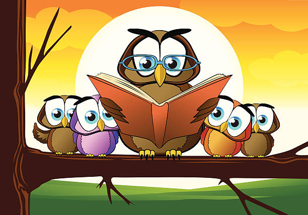 Wise Owl Teacher Cartoon Fully editable vector illustration of a cartoon owl teaching kids to read a book. cartoon of bird with glasses stock illustrations
