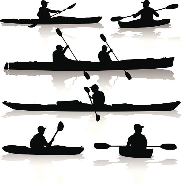 ilustraciones, imágenes clip art, dibujos animados e iconos de stock de siluetas en kayak - rowboat nautical vessel men cartoon