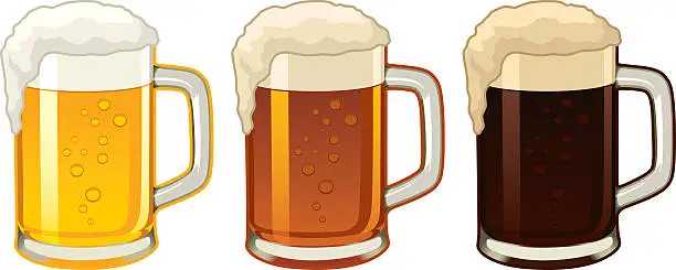 Vector illustration of Illustration of three beer mugs containing different beers