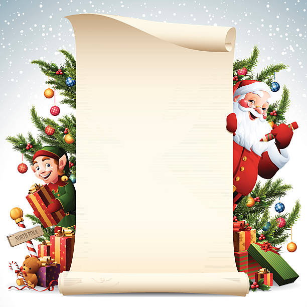 ilustraciones, imágenes clip art, dibujos animados e iconos de stock de papel desplácese con santa y elf y decoración de árbol de navidad - elfo