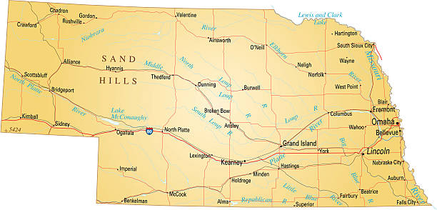 Map of Nebraska "Vector illustration of map of Nebraska with major roads, rivers and lakes." alliance nebraska stock illustrations