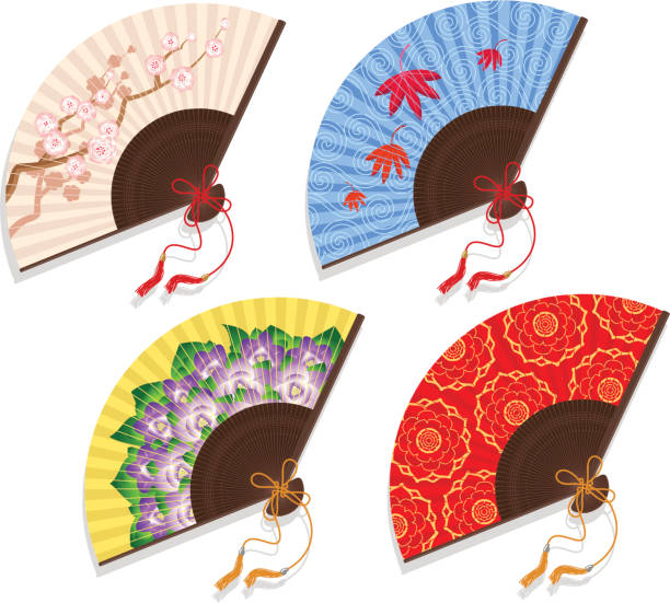 Four patterned fans Four beautiful Asian fans isolated on a white background. folding fan stock illustrations